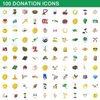 100 donation icons set, cartoon style vector