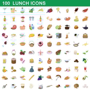 100 lunch icons set, cartoon style vector