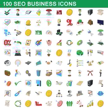 100 seo business icons set, cartoon style vector