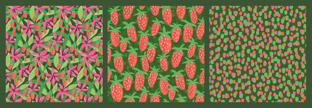 Set of patterns with flowers and strawberries vector