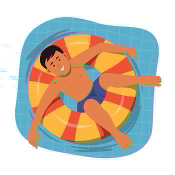 Boy Floating on Inflatable Ring in Swimming Pool. vector