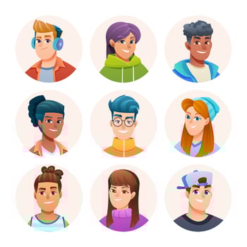 Cheerful teenage avatar characters collection. Boys and girls avatar in cartoon style vector