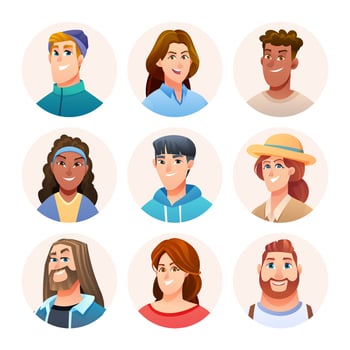 Cheerful people avatar characters set. Men and women avatars in cartoon style vector