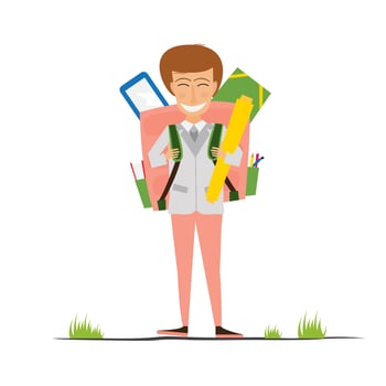 Smiling Young School Girl in Uniform with Pink Backpack. vector
