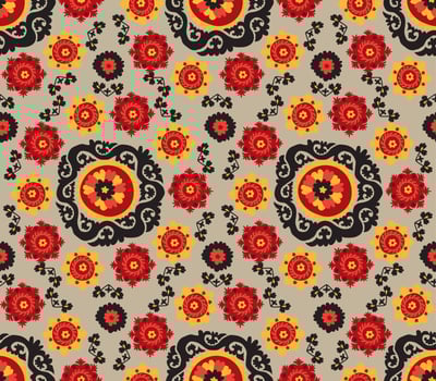 traditional asian carpet embroidery Suzane. Uzbek ethnic decorative floral motif for rug, fabric, tablecloth on canvas color background vector