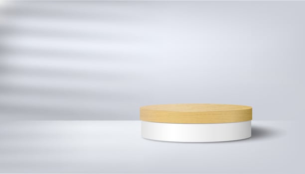 Abstract minimalistic stage with a wooden podium on a white background with shadows. product presentation, layout, demonstration of cosmetic products, stage pedestal or platform. 3d vector