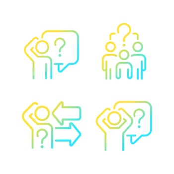 Asking and answering questions gradient linear vector icons set. Sharing information. Social communication. Thin line contour symbol designs bundle. Isolated outline illustrations collection
