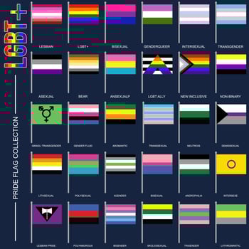 Gender Identity Pride Flags Set, LGBT Symbols. Flags sex gay, transgender, bisexual, lesbian and more. vector illustration
