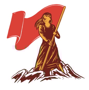 Woman holding red flag propaganda poster style illustration vector