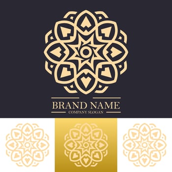 Luxury mandala logo design template with golden color and star or floral line art concept vector