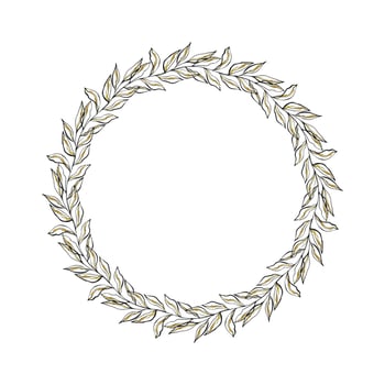 Wreath floral wedding hand drawn doodle with gold stripe decorated, decoration, round frame with branches leaves with gold gradient. Vector illustration