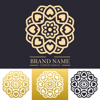 Luxury mandala logo design template with golden color and star or floral line art concept vector