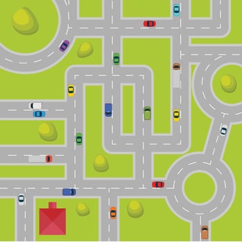 Top view of roads. Crossroads and junctions with cars in countryside. vector