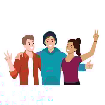 Happy friendship day web banner with diverse friend group of people hugging together. Young generation team hug on social event holiday. vector