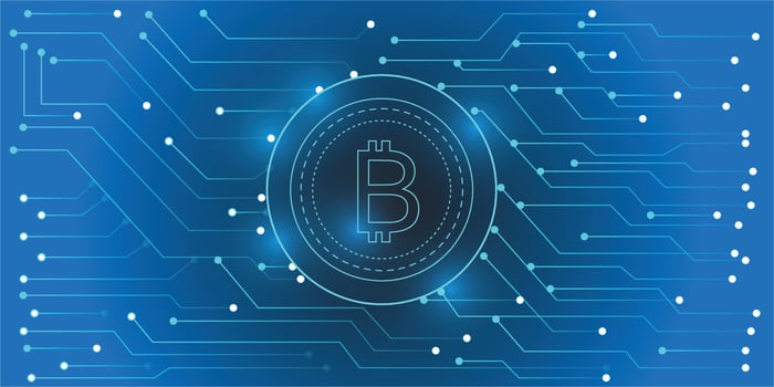 Bitcoin vector design around with gold circle circuit board for Cryptocurrency for Future business world of economy