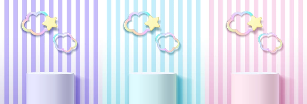 Set of pastel realistic 3D cylinder stand or podium with colorful rectangle scene. Abstract minimal scene for products showcase, Stage promotion display. Vector geometric forms.