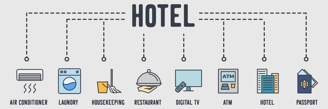 Hotel service banner web icon. Air Conditioner, laundry, housekeeping, restaurant, digital tv, atm, hotel building, passport vector illustration concept.