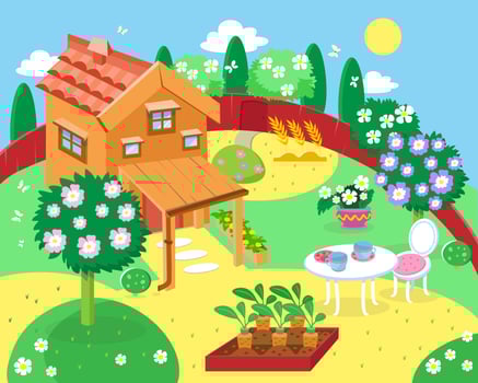 Wooden two-story cottage with garden, courtyard and flowers in cartoon style. Background with summer trees for design. Vector color illustration.