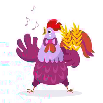 Smart cute cockerel sings. Vector color illustration. Picture for design of posters, games, puzzles.