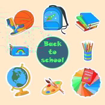 A localized collection of stickers with school supplies and stationery. Backpack, books, globe, ball, pencils and paints. Colorful vector illustration. No people.