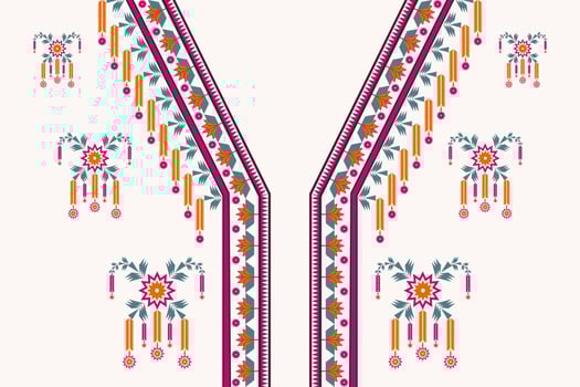 Colorful ethnic geometric V-neckline pattern with flower shape. Tribal art feminine shirts style. vector