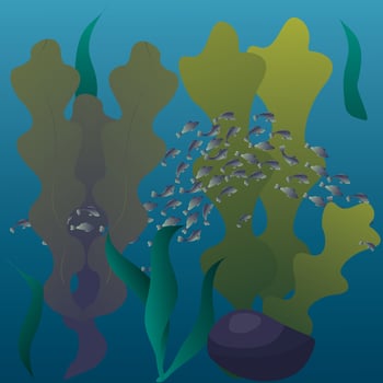 A flock of small fish swim among the algae. Vector illustration.