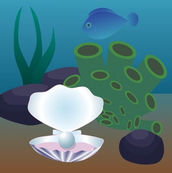 Shell with a pearl on the seabed. Vector illustration.