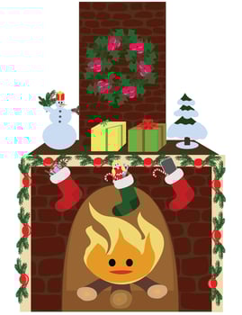 Cute Christmas fireplace with fire and gifts. Vector illustration.