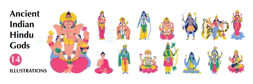 Isolated Ancient Indian Hindu Gods Big Icon Set vector