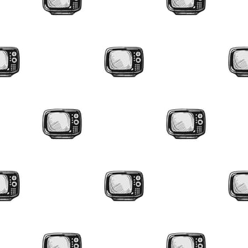 Retro TV engraved seamless pattern. Vintage television background in hand drawn style. vector