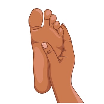 Female or male foot sole, barefoot, bottom view. Dark afro american skin. Foot massage concept. Vector illustration, hand drawn cartoon style isolated on white.