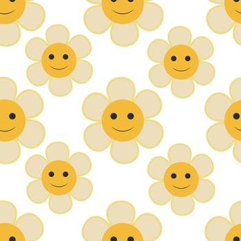 Colorful seamless pattern in geometric style with ditsy flowers. Groovy and fun vector print with smiled faces in chamomile flowers, cartoon style. Retro and hippie aesthetic, love and peace