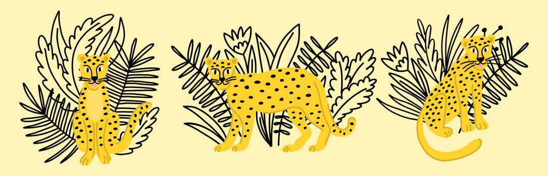 A set with cartoon funny leopards and flowers in a children's style vector