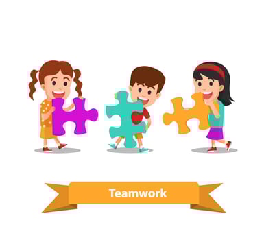 The children hold the jigsaw puzzle to put it together vector