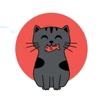 Happy cat eating fish vector illustration template.