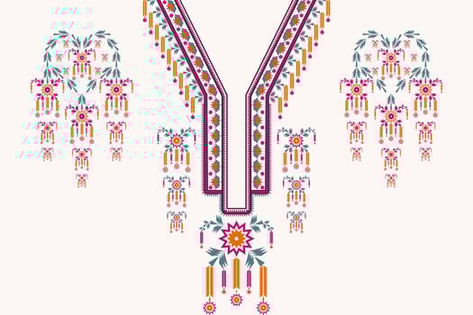 Colorful ethnic geometric V-neckline pattern with flower shape design. Beautiful tribal art feminine shirts style. vector