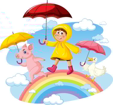 A girl holding umbrella and walking on rainbow vector