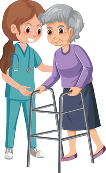 Elderly woman with walker and nurse vector