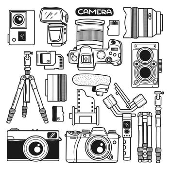 Set Camera Element Hand Drawn Doodle vector