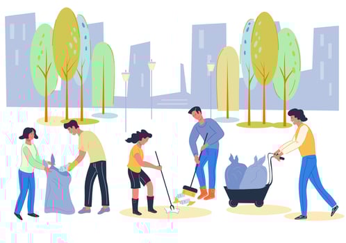 Volunteers social work for environment conservation and cleaning city from waste. Urban ecology and garbage collecting. Town renovation and keeping eco clean and green. Flat vector illustration.