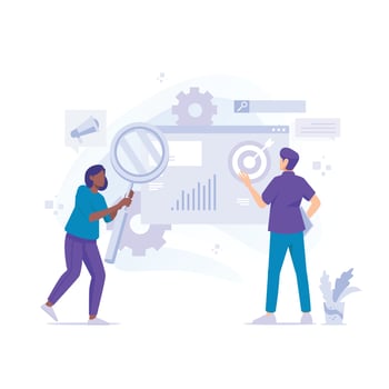 SEO Woman with Magnifying Glass and Man Presentation on Screen Concept Flat Illustration vector
