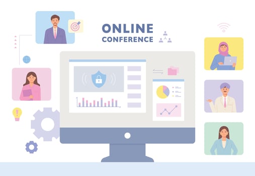 Business people having online video conference. Screens of people online are visible around the computer monitor. vector