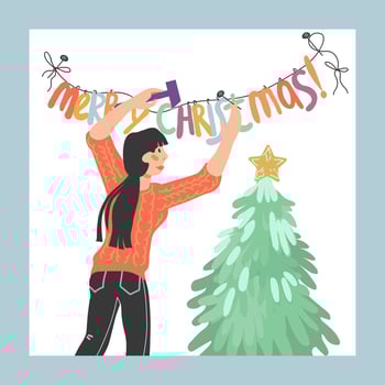 Merry Christmas greeting cards set with woman cartoon character decorates home for winter holidays and Xmas pattern, flat vector illustration isolated on background.