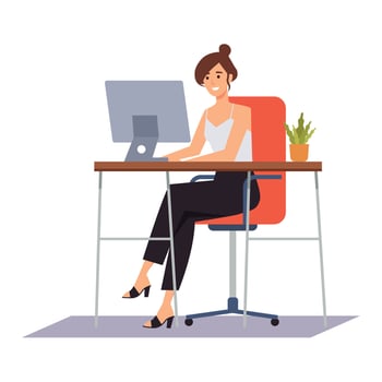 Work at home concept design. Freelance woman working on laptop at her house, dressed in home clothes. Vector illustration isolated on white background. Online study, education.