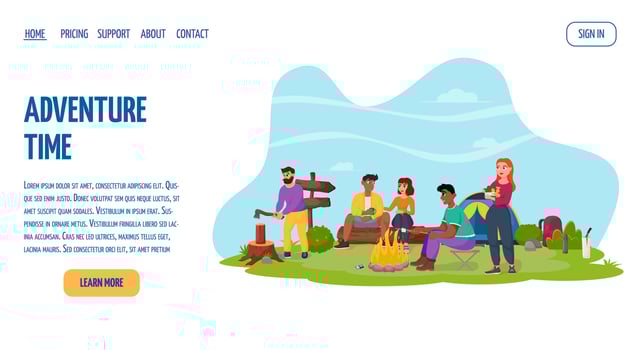 Friends relax in nature. Summertime camping, hiking, camper, adventure time concept. Flat vector illustration for poster, banner, flyer