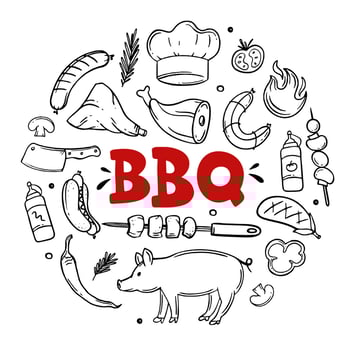 BBQ hand drawn menu items of restaurant bar cafe Vector illustration of barbecue food doodles