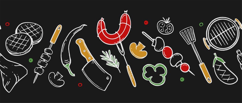 Horizontal pattern with grill and barbecue elements for restaurant bar cafe menu on black background Vector illustration of doodles