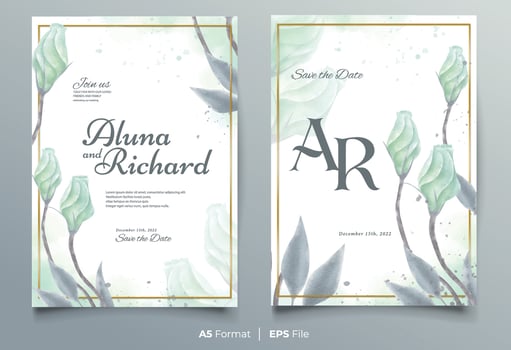 Watercolor wedding invitation template with green and blue flower ornament vector