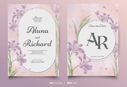 Watercolor wedding invitation template with purple and green flower ornament vector