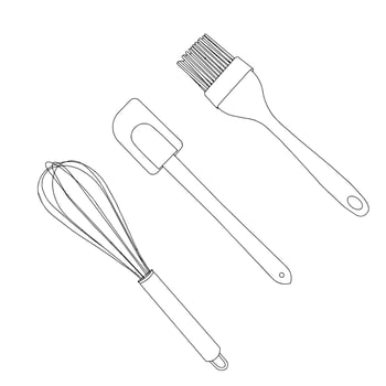 A set of kitchen tools. Corolla, scapula, brush. Linear clip art illustrations. vector